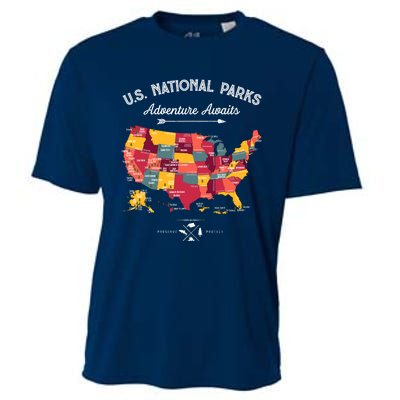 63 National Parks Map Us Park Retro Vintage Camping Hiking Cooling Performance Crew T-Shirt