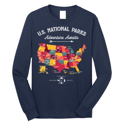 63 National Parks Map Us Park Retro Vintage Camping Hiking Long Sleeve Shirt