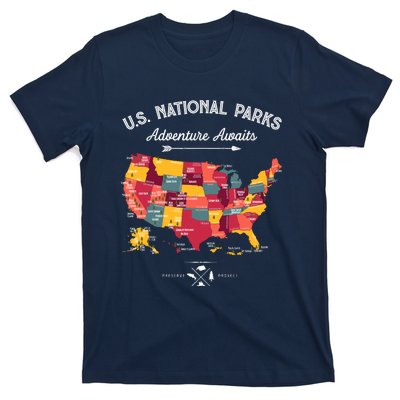 63 National Parks Map Us Park Retro Vintage Camping Hiking T-Shirt