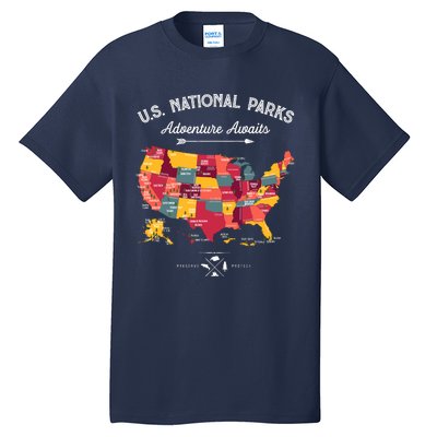 63 National Parks Map Us Park Retro Vintage Camping Hiking Tall T-Shirt