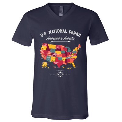 63 National Parks Map Us Park Retro Vintage Camping Hiking V-Neck T-Shirt