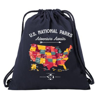 63 National Parks Map Us Park Retro Vintage Camping Hiking Drawstring Bag