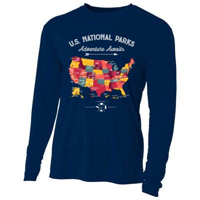 63 National Parks Map Us Park Retro Vintage Camping Hiking Cooling Performance Long Sleeve Crew