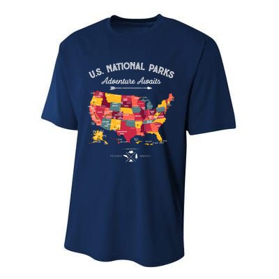 63 National Parks Map Us Park Retro Vintage Camping Hiking Performance Sprint T-Shirt