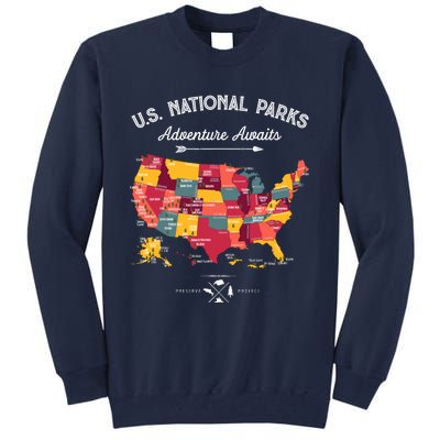 63 National Parks Map Us Park Retro Vintage Camping Hiking Tall Sweatshirt