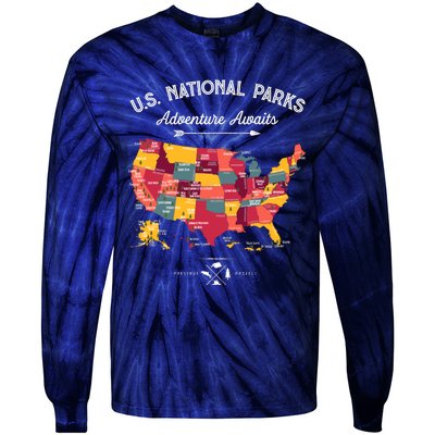 63 National Parks Map Us Park Retro Vintage Camping Hiking Tie-Dye Long Sleeve Shirt