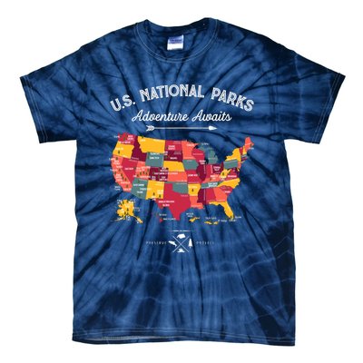 63 National Parks Map Us Park Retro Vintage Camping Hiking Tie-Dye T-Shirt