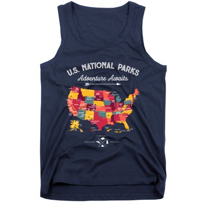 63 National Parks Map Us Park Retro Vintage Camping Hiking Tank Top