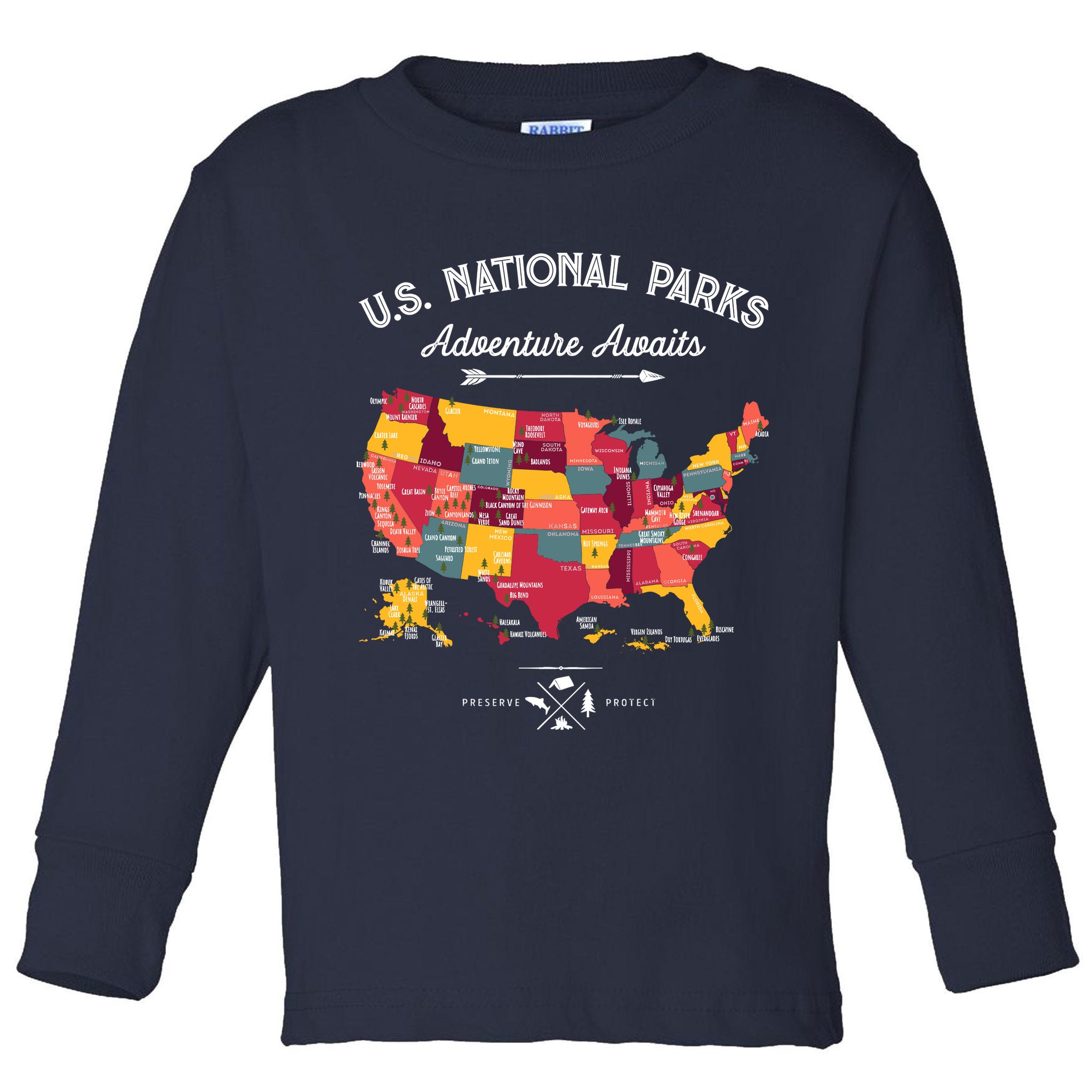 63 National Parks Map Us Park Retro Vintage Camping Hiking Toddler Long Sleeve Shirt