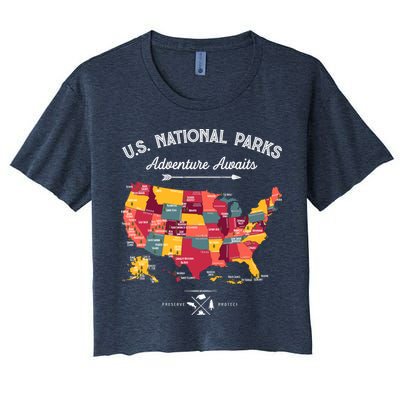 63 National Parks Map Us Park Retro Vintage Camping Hiking Crop Top