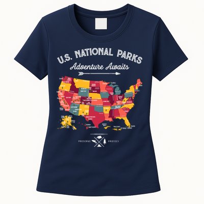 63 National Parks Map Us Park Retro Vintage Camping Hiking Womens T-Shirt