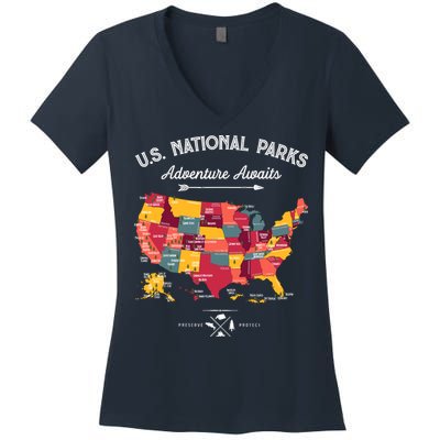 63 National Parks Map Us Park Retro Vintage Camping Hiking Women's V-Neck T-Shirt