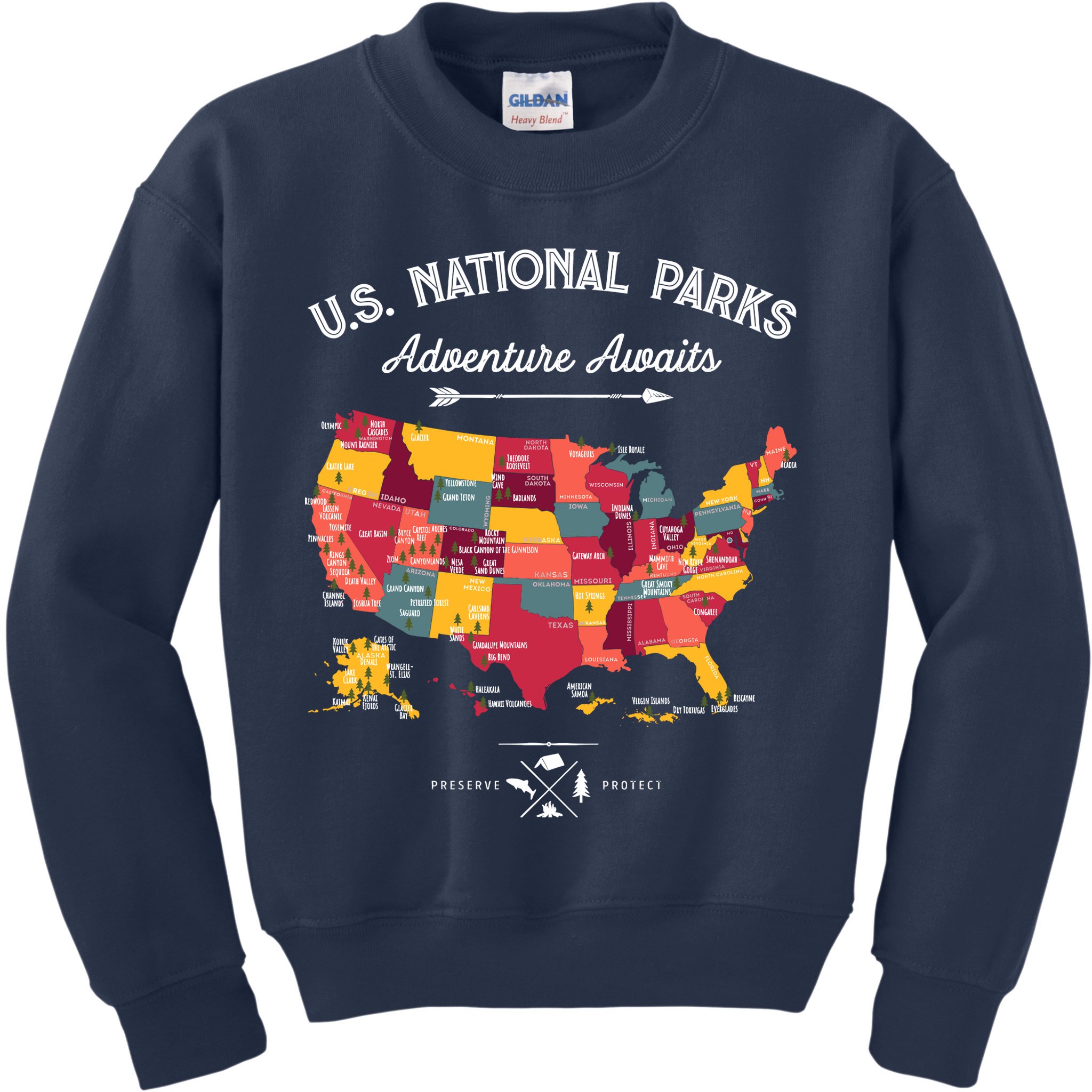 63 National Parks Map Us Park Retro Vintage Camping Hiking Kids Sweatshirt