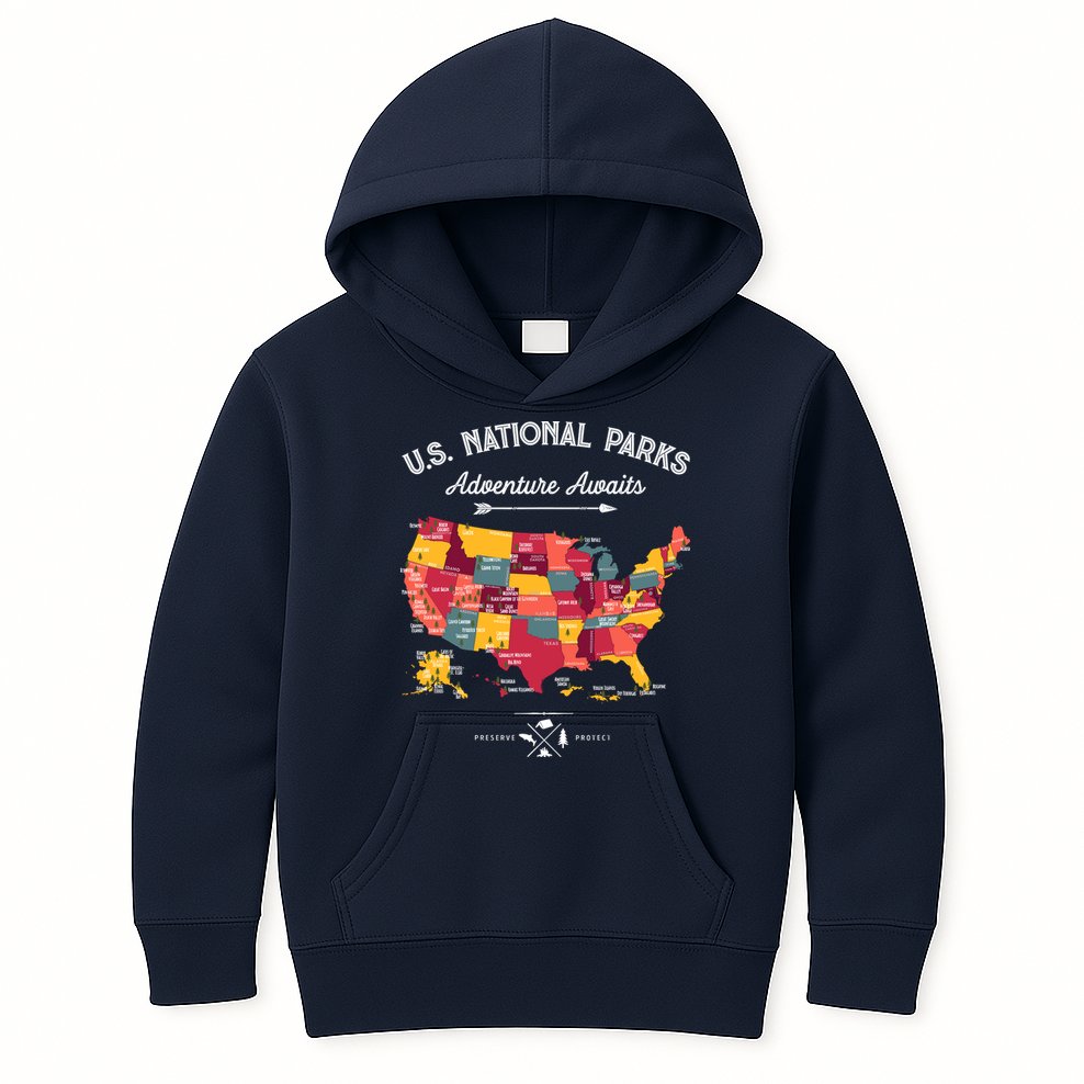 63 National Parks Map Us Park Retro Vintage Camping Hiking Kids Hoodie