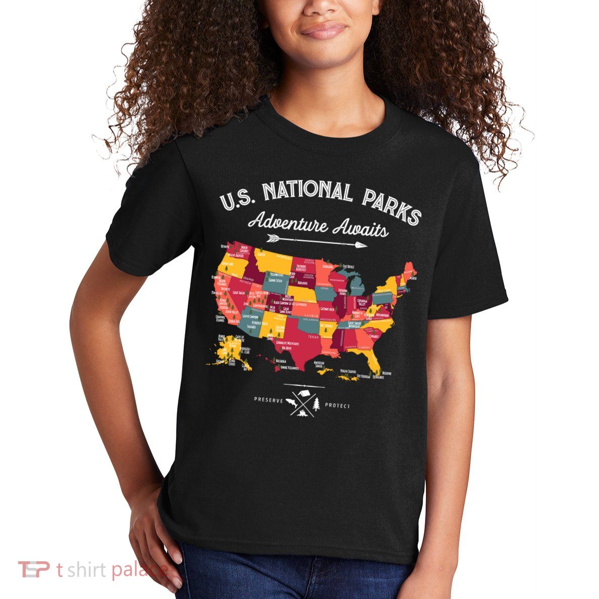 63 National Parks Map Us Park Retro Vintage Camping Hiking Kids T-Shirt