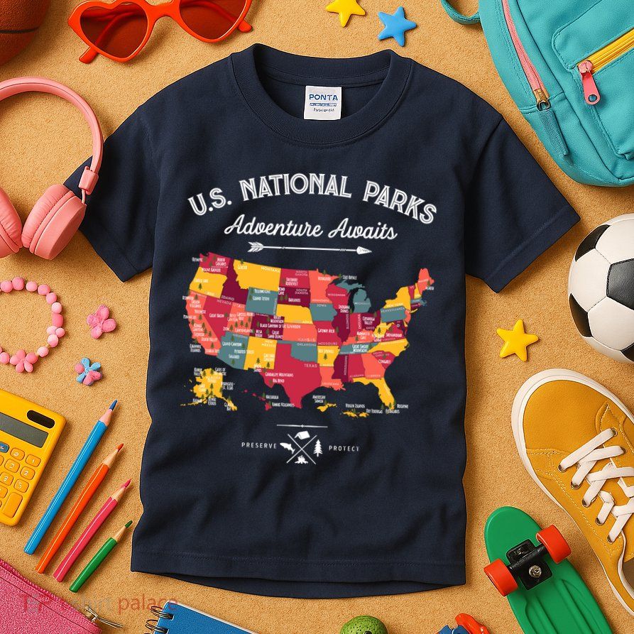 63 National Parks Map Us Park Retro Vintage Camping Hiking Kids T-Shirt
