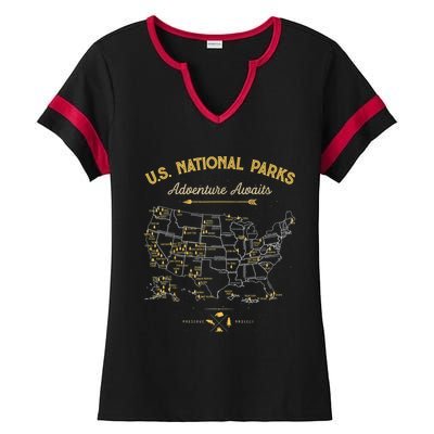 62 National Parks Map Gifts US Park Vintage Camping Hiking Ladies Halftime Notch Neck Tee