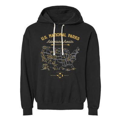 62 National Parks Map Gifts US Park Vintage Camping Hiking Garment-Dyed Fleece Hoodie