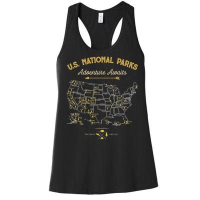 62 National Parks Map Gifts US Park Vintage Camping Hiking Women's Racerback Tank