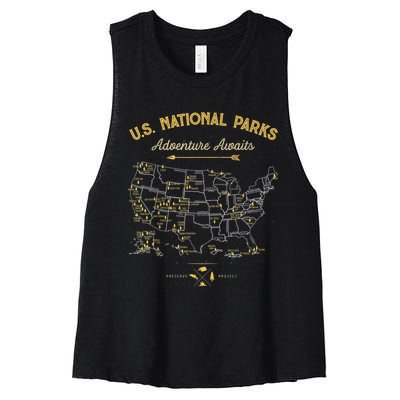 62 National Parks Map Gifts US Park Vintage Camping Hiking Women's Racerback Cropped Tank