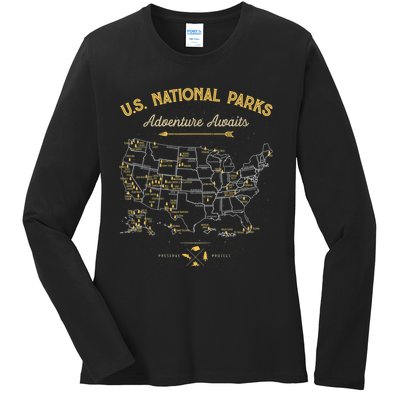 62 National Parks Map Gifts US Park Vintage Camping Hiking Ladies Long Sleeve Shirt