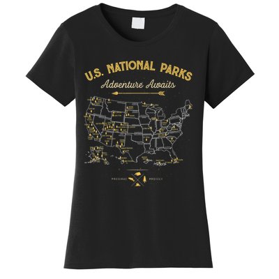 62 National Parks Map Gifts US Park Vintage Camping Hiking Women's T-Shirt