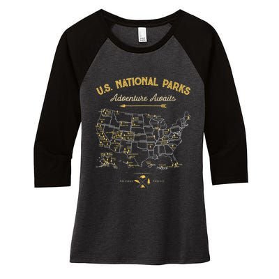 62 National Parks Map Gifts US Park Vintage Camping Hiking Women's Tri-Blend 3/4-Sleeve Raglan Shirt