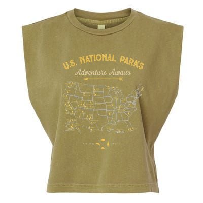 62 National Parks Map Gifts US Park Vintage Camping Hiking Garment-Dyed Women's Muscle Tee