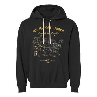 63 National Parks Map US Park Retro Vintage Camping Hiking  Garment-Dyed Fleece Hoodie