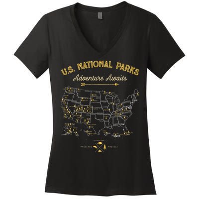63 National Parks Map US Park Retro Vintage Camping Hiking  Women's V-Neck T-Shirt