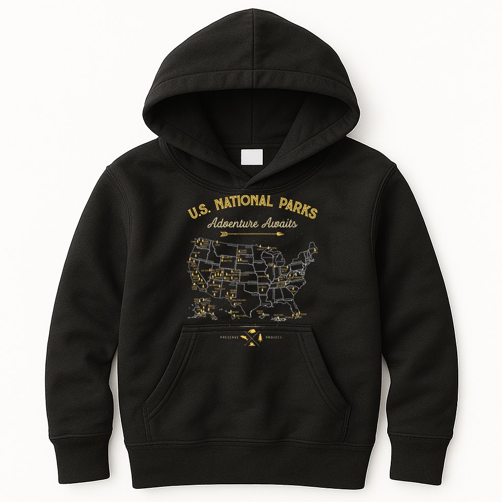 63 National Parks Map US Park Retro Vintage Camping Hiking  Kids Hoodie