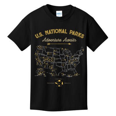 63 National Parks Map US Park Retro Vintage Camping Hiking  Kids T-Shirt