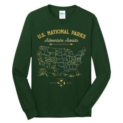63 National Parks Map US Park Retro Vintage Camping Hiking  Tall Long Sleeve T-Shirt