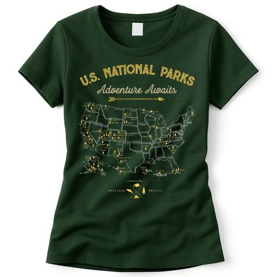63 National Parks Map US Park Retro Vintage Camping Hiking  Womens T-Shirt