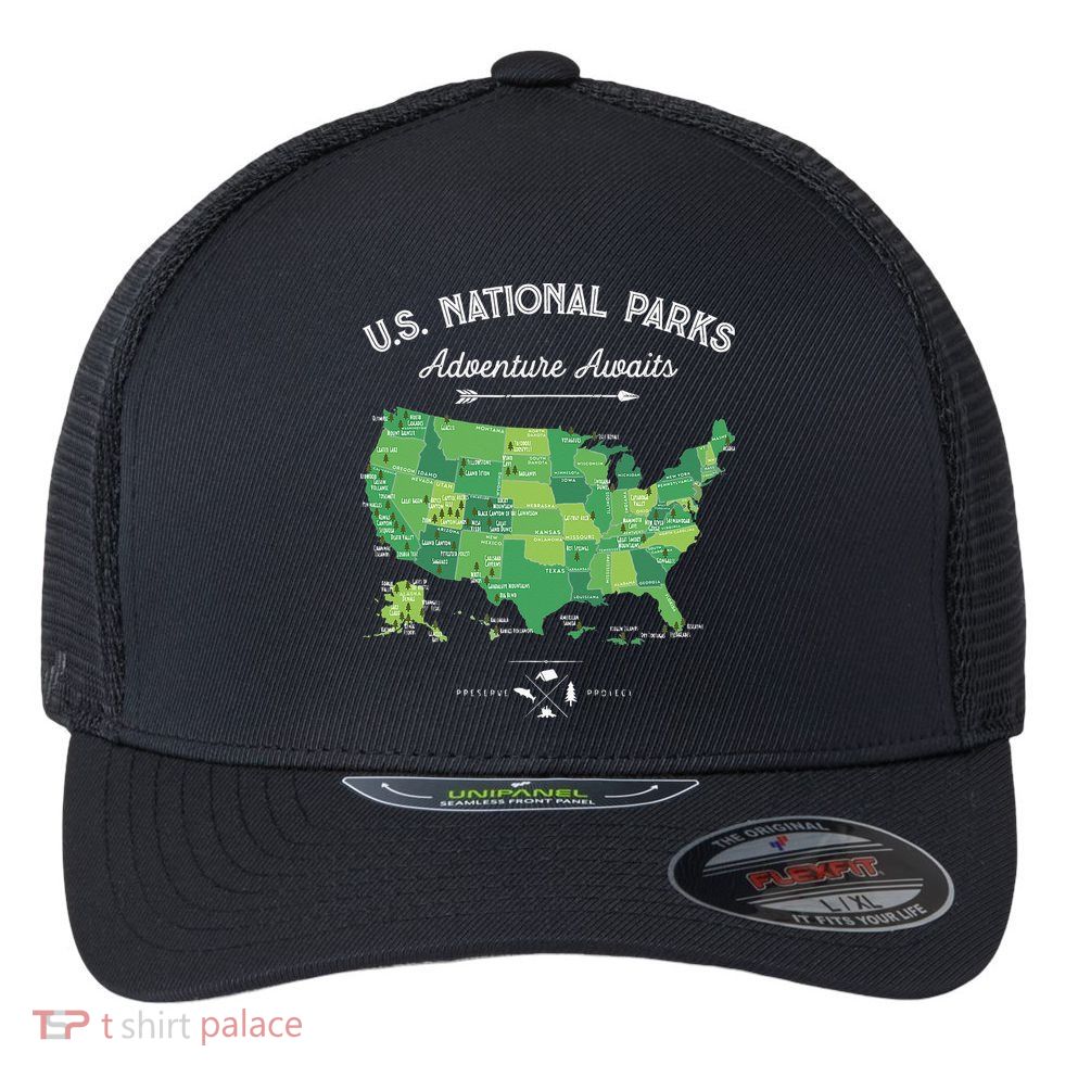63 National Parks Map US Park Retro Vintage Camping Hiking Flexfit Unipanel Trucker Cap