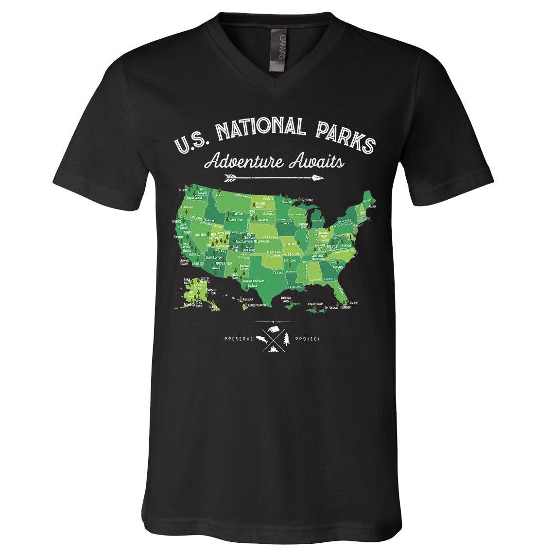 63 National Parks Map US Park Retro Vintage Camping Hiking V-Neck T-Shirt
