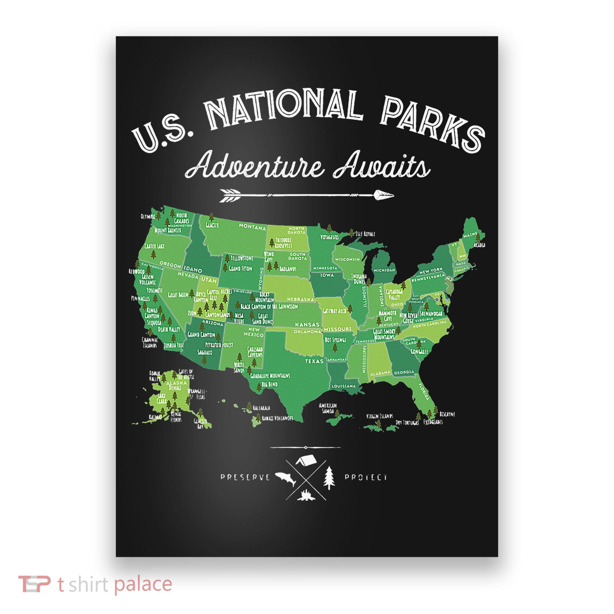 63 National Parks Map US Park Retro Vintage Camping Hiking Poster