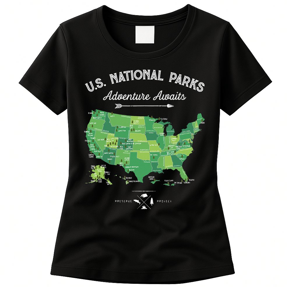 63 National Parks Map US Park Retro Vintage Camping Hiking Womens T-Shirt