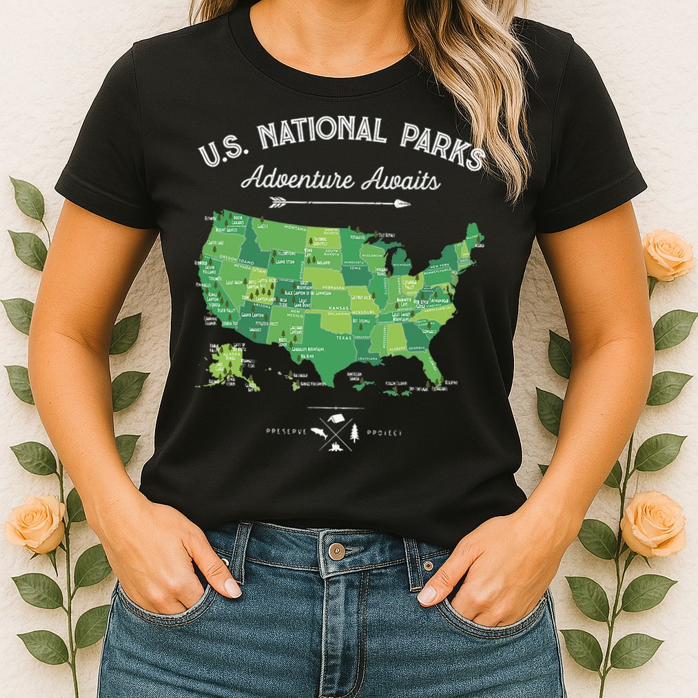 63 National Parks Map US Park Retro Vintage Camping Hiking Womens T-Shirt