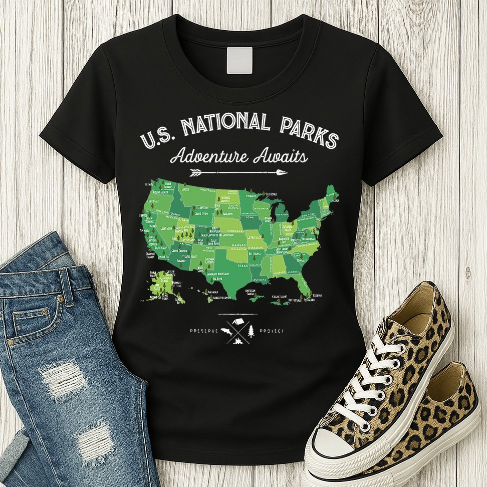 63 National Parks Map US Park Retro Vintage Camping Hiking Womens T-Shirt