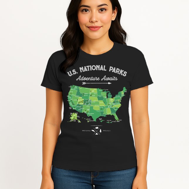 63 National Parks Map US Park Retro Vintage Camping Hiking Womens T-Shirt