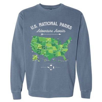63 National Parks Map US Park Retro Vintage Camping Hiking Garment-Dyed Sweatshirt