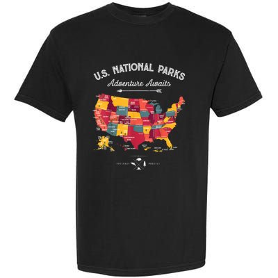 62 National Parks Map Gifts US Park Vintage Camping Hiking Gift Garment-Dyed Heavyweight T-Shirt