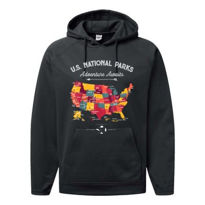 62 National Parks Map Gifts US Park Vintage Camping Hiking Gift Performance Fleece Hoodie