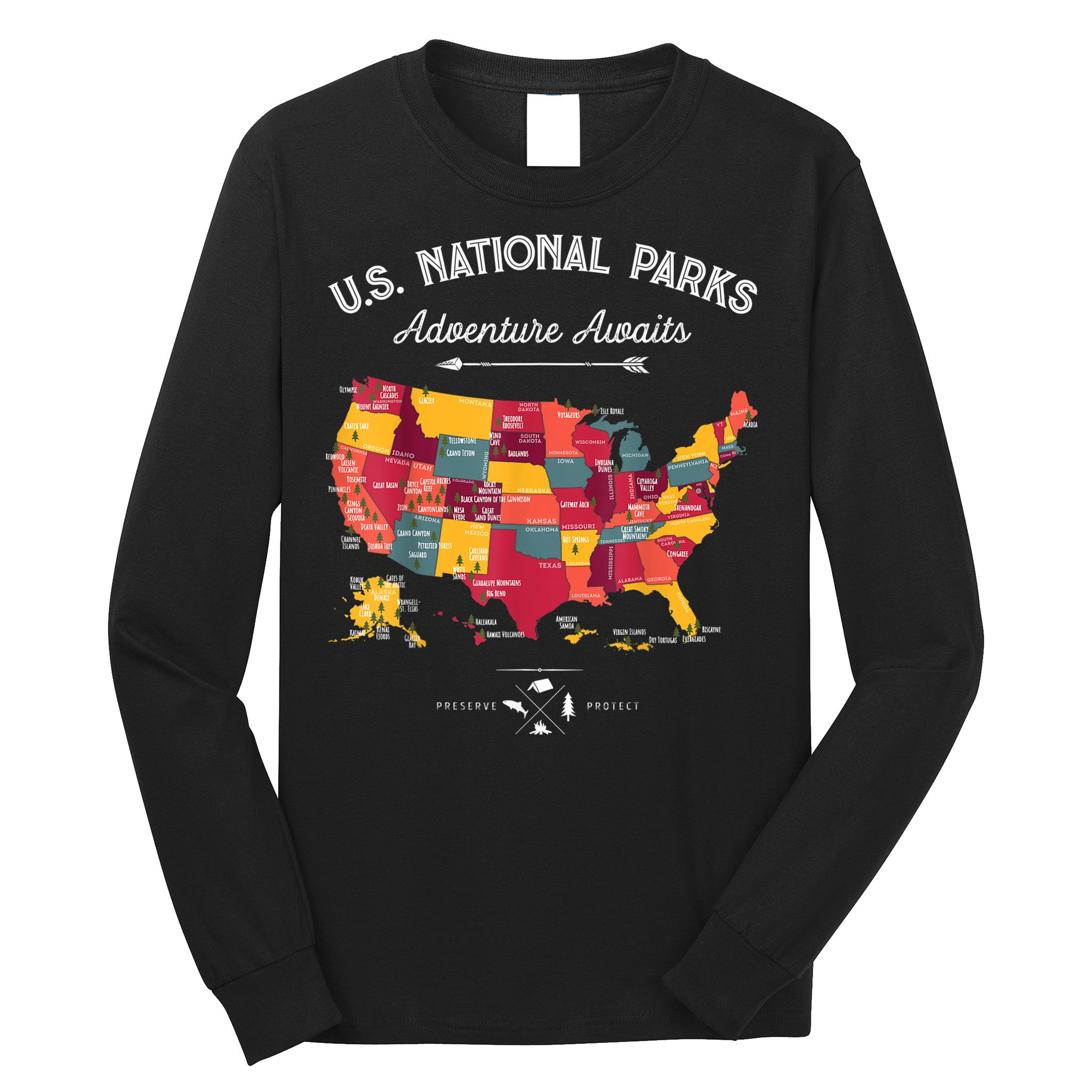 62 National Parks Map Gifts US Park Vintage Camping Hiking Gift Long Sleeve Shirt