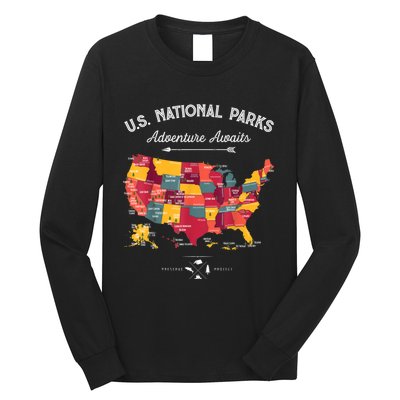 62 National Parks Map Gifts US Park Vintage Camping Hiking Gift Long Sleeve Shirt