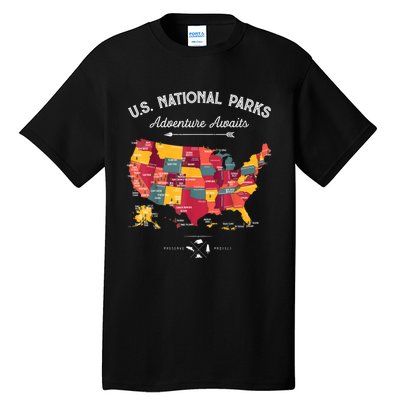 62 National Parks Map Gifts US Park Vintage Camping Hiking Gift Tall T-Shirt