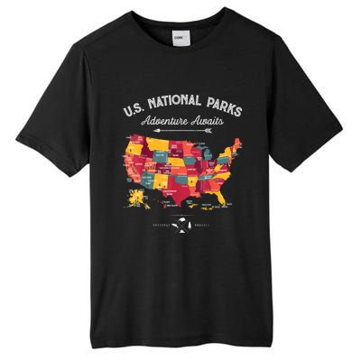 62 National Parks Map Gifts US Park Vintage Camping Hiking Gift Tall Fusion ChromaSoft Performance T-Shirt