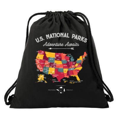 62 National Parks Map Gifts US Park Vintage Camping Hiking Gift Drawstring Bag