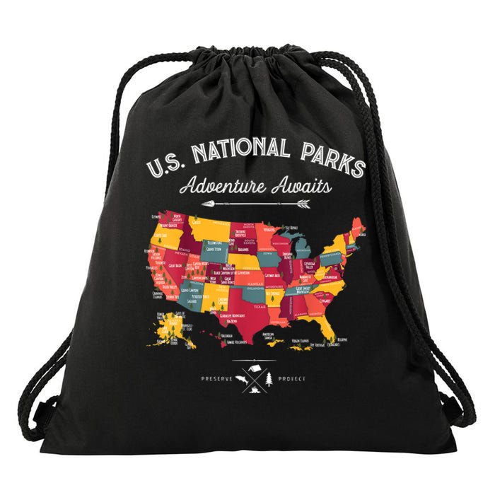 62 National Parks Map Gifts US Park Vintage Camping Hiking Gift Drawstring Bag